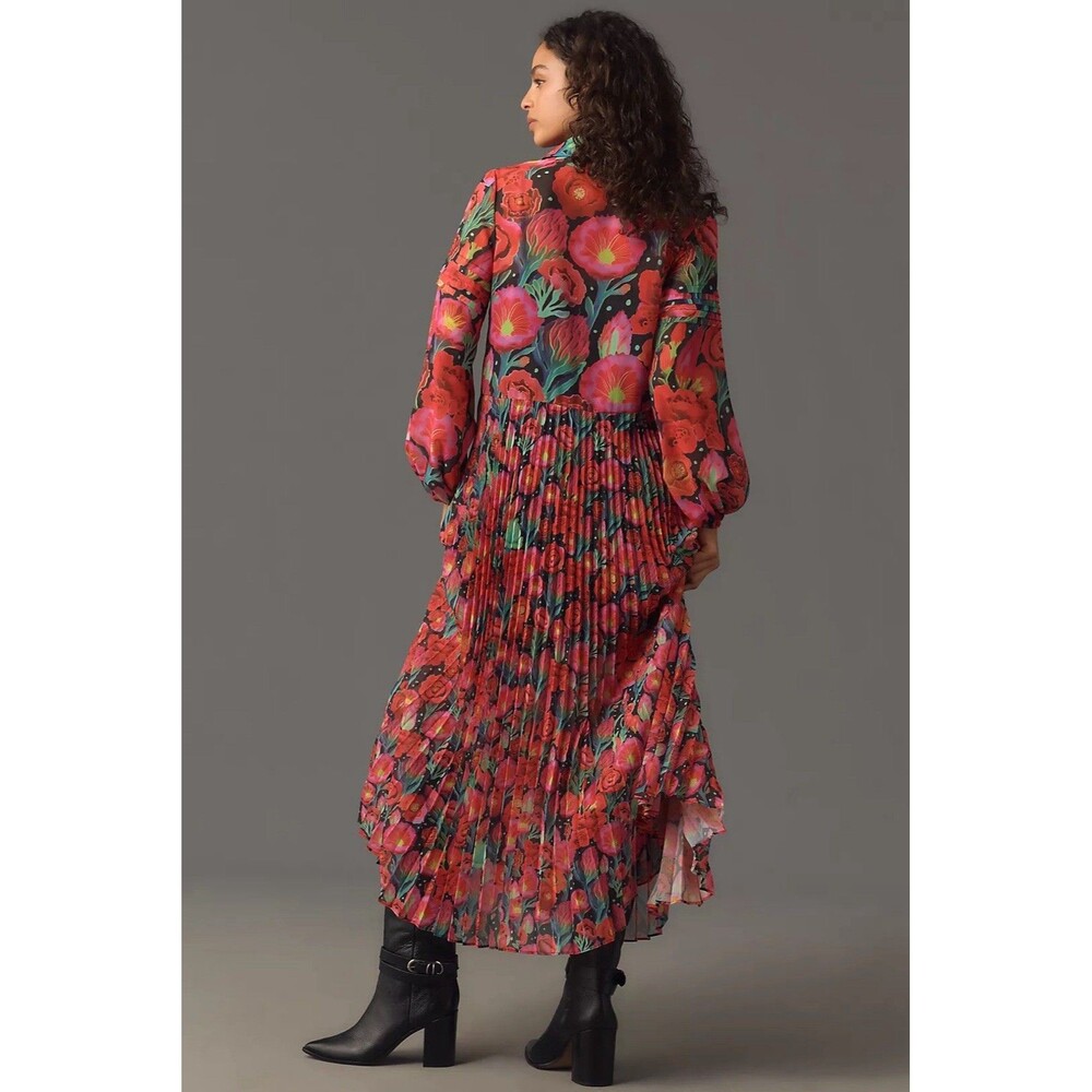 Farm Rio Dress Womens Size Large Anthropologie Pleated Drop-Waist Maxi Red NWT - Picture 2 of 10
